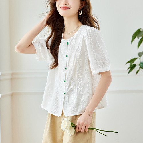 Cotton Cocoon Short Sleeve Jade Button Embroidered Women's Summer Thin Commuting Unique Niche Small Women's Top