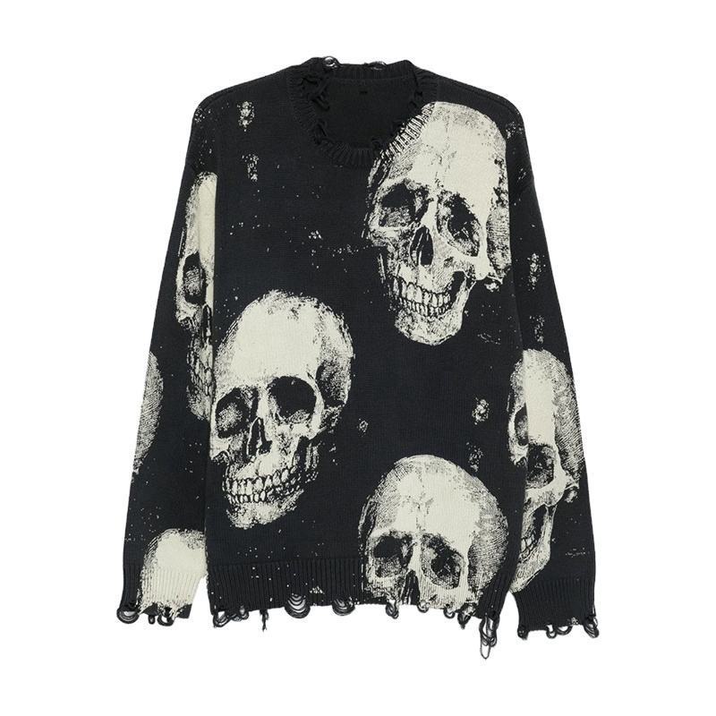 Custom high-quality loose-fit skull print distressed drop-shoulder fashion design men's knitted sweater