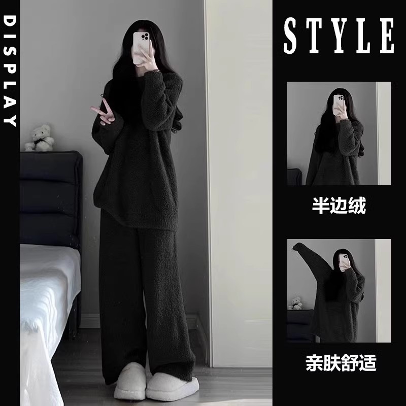 韩版冬天少女纯色睡衣女冬季新款半边绒保暖家居服加绒针织套装冬|undefined