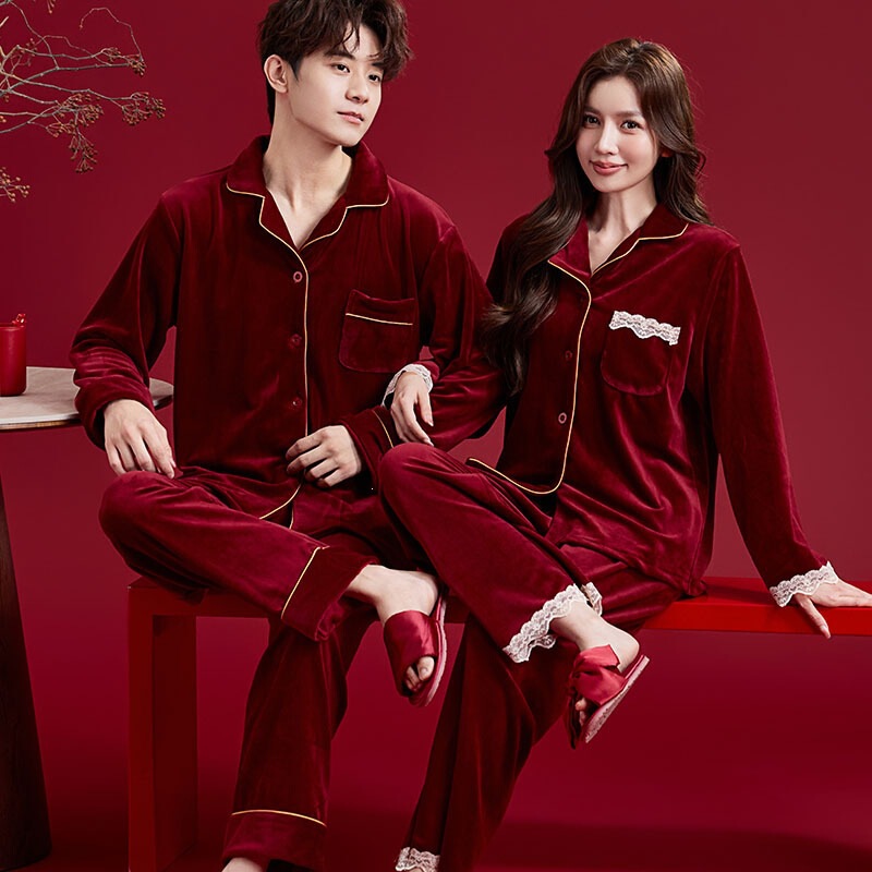 Wedding pajamas, a new couple's set, featuring a luxurious red flannel loungewear for the bride, perfect for a honeymoon or special occasion