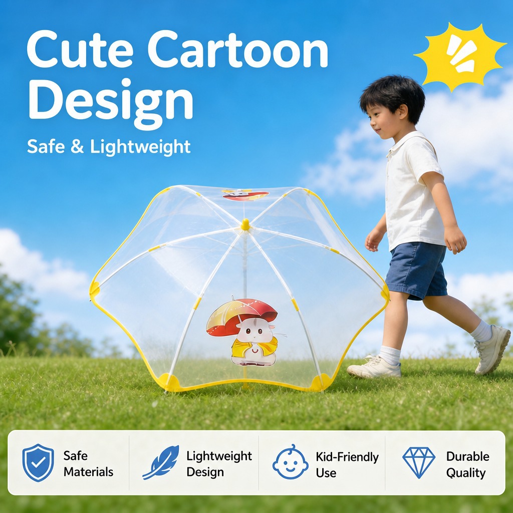 Children's Safety Rounded Corner Transparent Umbrella, Rainproof, Anti-Pinch, Automatic Opening and Closing Umbrella, Straight Pole, Curved Handle, Cartoon Umbrella, Transparent