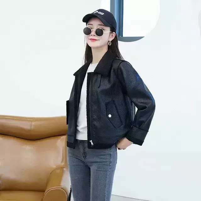 2023新款韩版休闲皮毛一体方领女士皮衣短款修身显瘦机车上衣外套