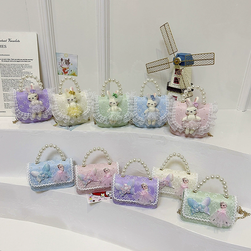 Children's cartoon one-shoulder bag for princess, handheld beaded bracelet with bow, shoulder bag, Chanel style, gradient