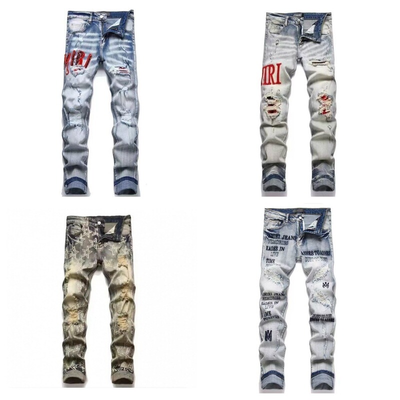 Foreign Trade In-Stock Amazon Black and Gray Paint-Splattered Ripped Wild European and American Style Maple Leaf Icon Personalized New Men's Jeans Foreign Trade In-Stock Amazon Black and Gray Paint-Splattered Ripped Wild European and American Style Maple Leaf Icon Personalized New Men's Jeans