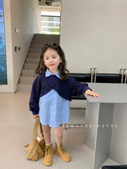 女童韓版時髦假兩件襯衫2024秋裝新款寶寶拼接翻領撞色休閒衛衣潮