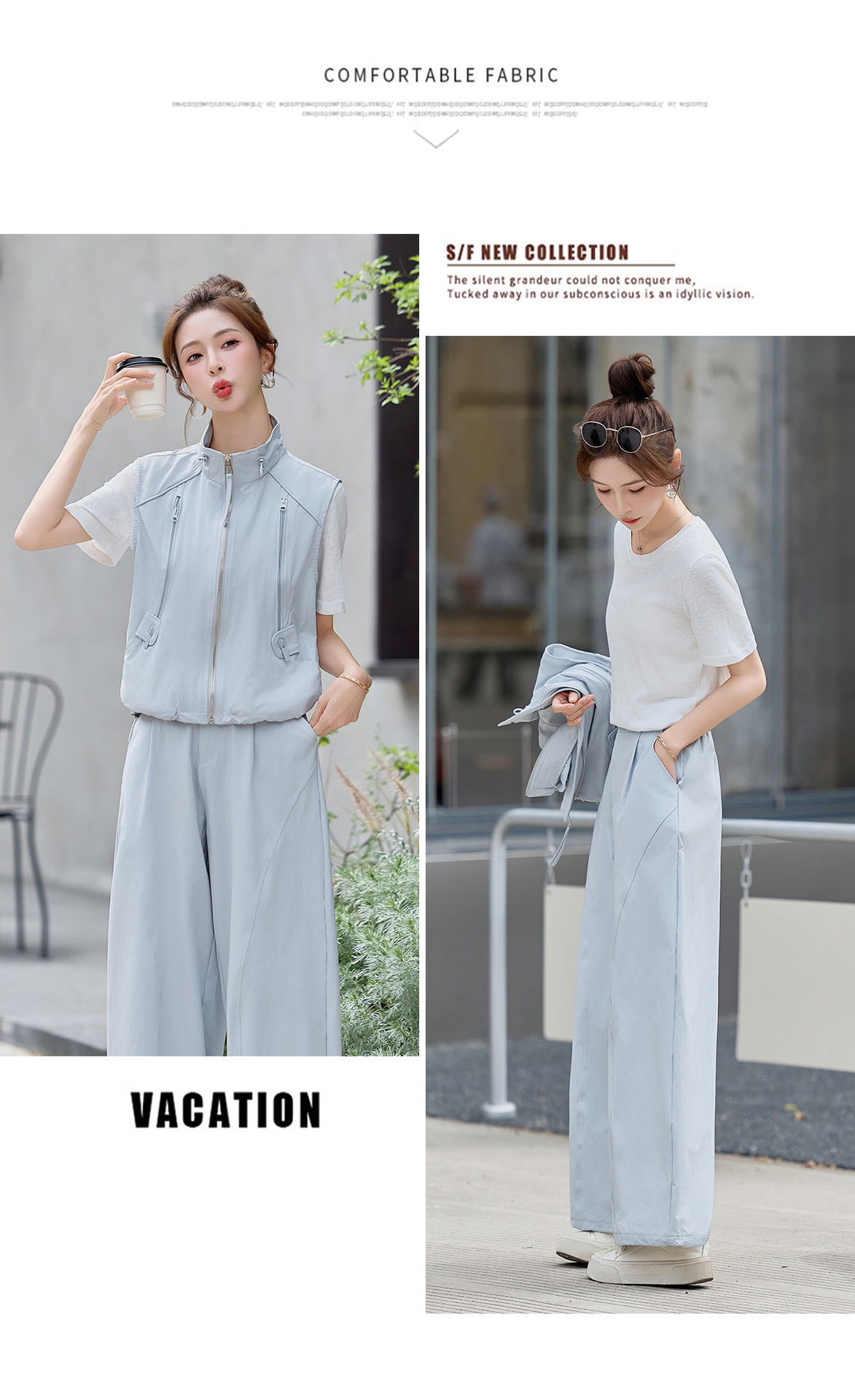 Bộ ba mảnh nữ gồm áo thun cổ tròn, áo vest cổ đứng và quần ống rộng phối đồ thanh lịch — màu xanh nhạt, màu xanh đậu chi tiết 15