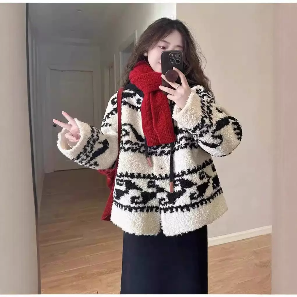 秋冬新款撞色连帽开衫毛衣女外套韩版宽松慵懒风中长款复古针织衫