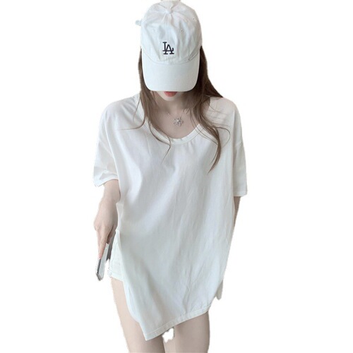 Cotton Asymmetrical Split U-neck Short-sleeve T-shirt for Women - Summer Loose Korean Style Medium-length Large Collar Top Trendy