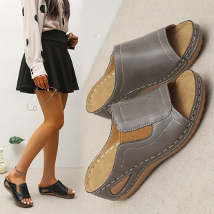 European and American New plus size versatile cross-border flat slippers women's Amazon open toe wedge foreign trade elastic slip-on shoes