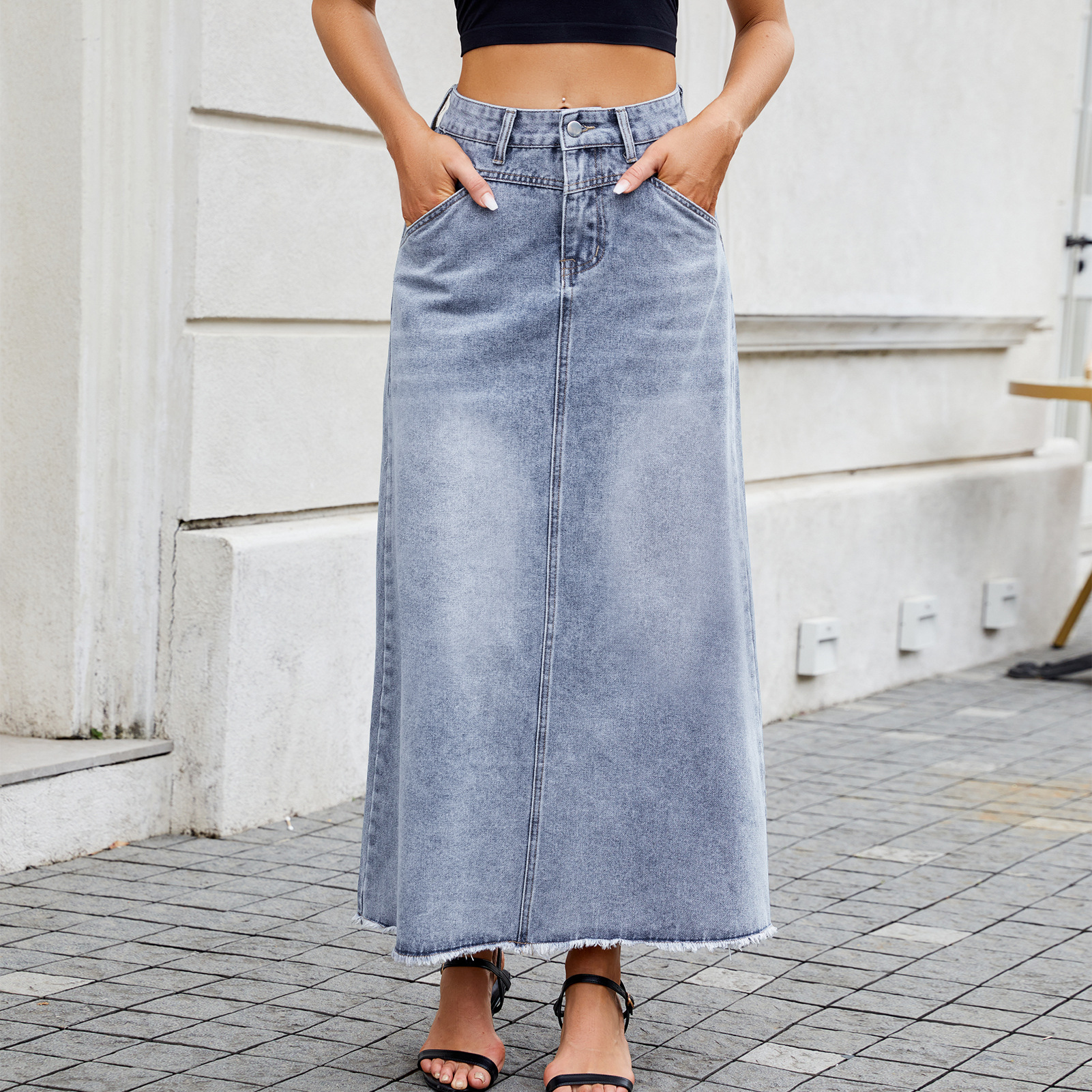 Cross-border foreign trade Europe and the United States spring and summer new Amazon high waist denim skirt fashion loose pocket half-length skirt women