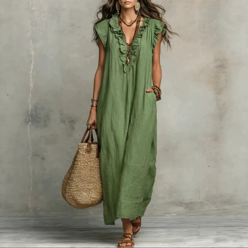 European and American Independent Websites Amazon Aliexpress 2026 Spring and Summer New Women's Bohemian Flutter Sleeve Floor-Length Dress