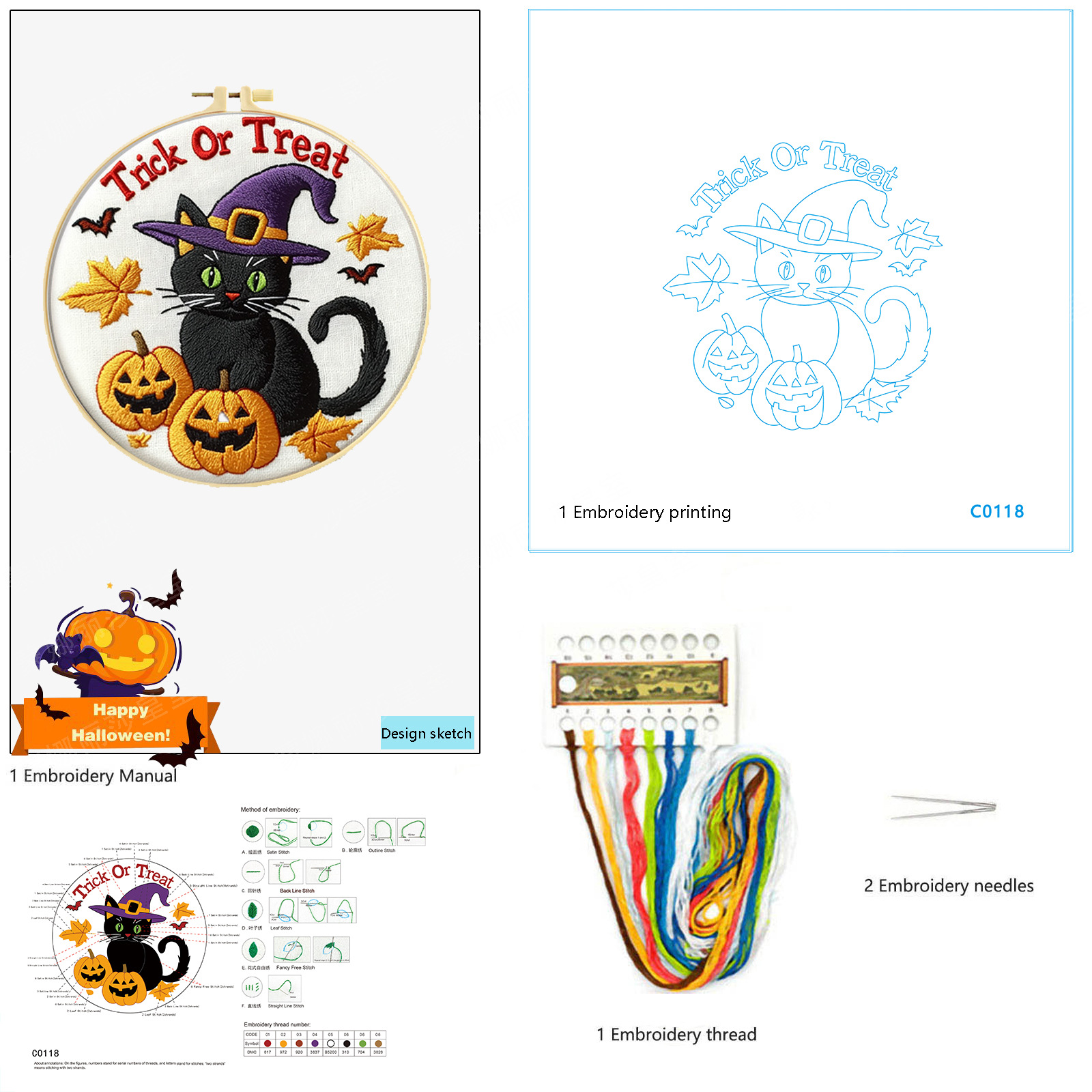 Nuevos productos transfronterizos bordados Halloween fantasma sombrero gato negro conjunto bordado hecho a mano material DIY bordado al por mayor