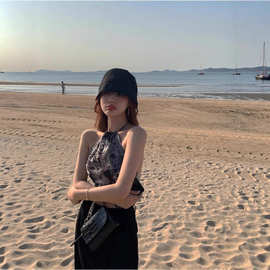 跨境花纹露背系带内搭吊带上衣夏季辣妹性感纯欲背心女外穿上衣