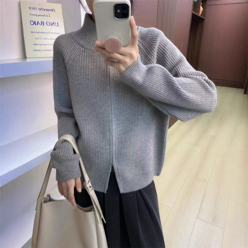 韩版双拉链亮丝软糯针织开衫女2025秋新款设计感立领宽松毛衣外套|undefined