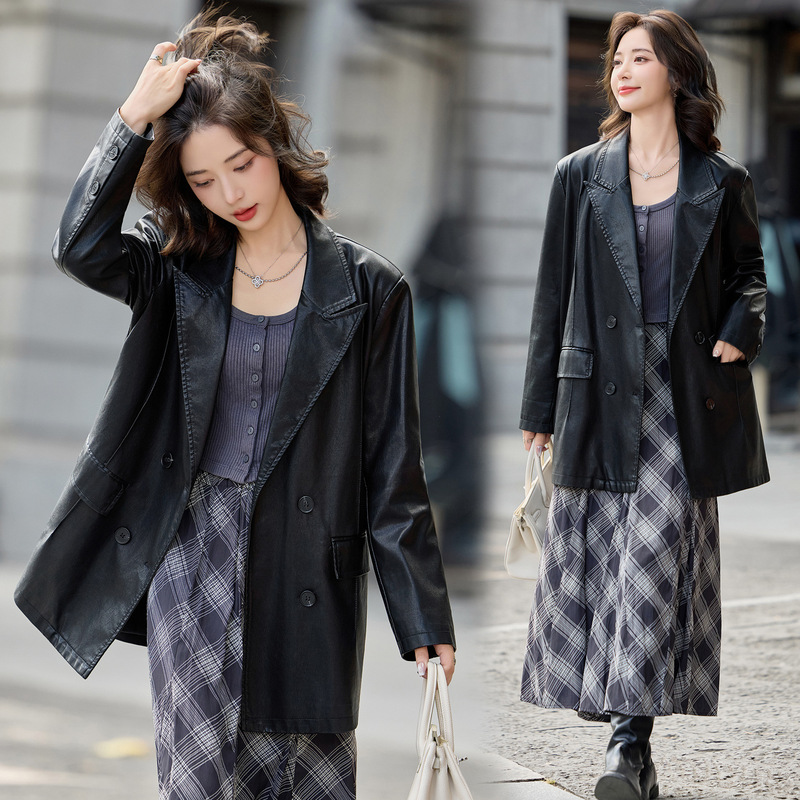高级感绵羊皮皮衣女2025新款时尚休闲西装领女士双排扣中长款外套|undefined