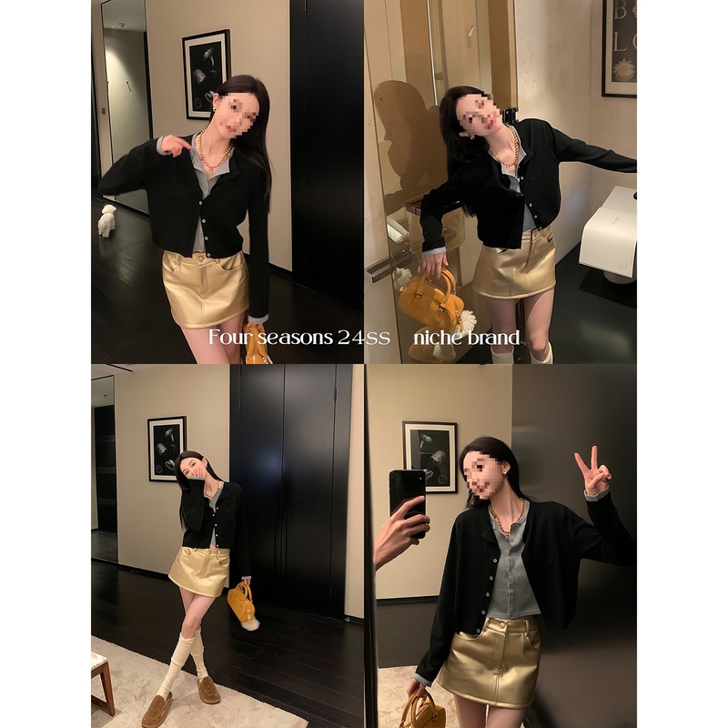 区区欧阳撞色假两件针织衫女秋季慵懒风毛衣软糯开衫复古长袖上衣|undefined