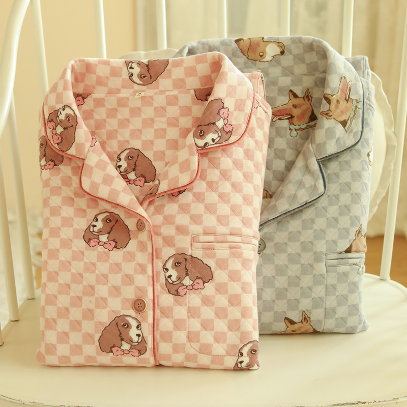 【蔓秋】情侶睡衣秋冬新品翻領長袖套裝女士家居服空氣層保暖男士