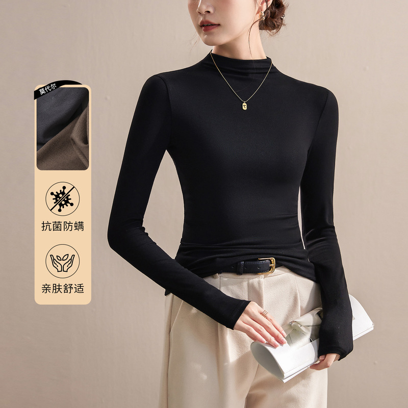 Modal Half-Turtleneck Base Shirt for Women, Suitable for Layering or Wearing Alone, Spring and Autumn 2026 New Style, High-End Black Stylish Top Modal Half-Turtleneck Base Shirt for Women, Suitable for Layering or Wearing Alone, Spring and Autumn 2026 New Style, High-End Black Stylish Top