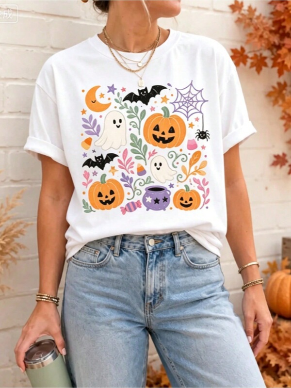 European size cotton T-shirt Halloween graffiti T-shirt quirky seasonal shirt preppy Halloween graphic T-shirt for women autumn