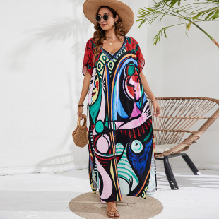 Cross-Border European and American Popular Printed Beach Cover-Up Vacation Beach Skirt Bikini Sun Protection Outer Cover-Up 1D196