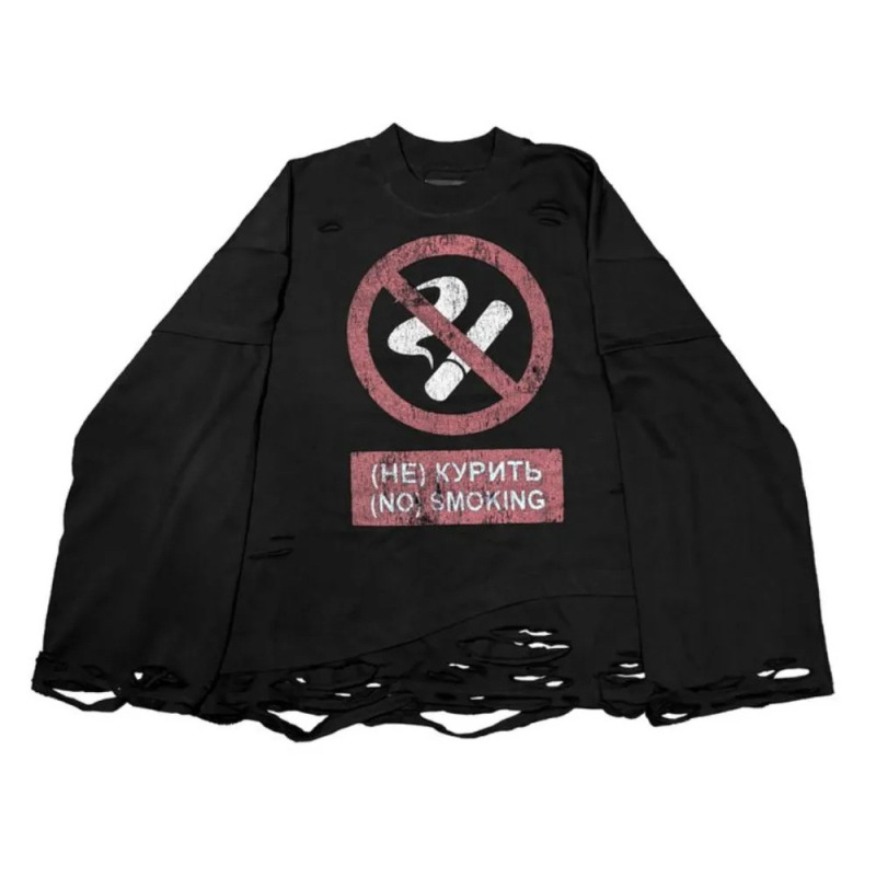 Cross-Border 2026 Round Neck Long-Sleeve Cool Influencer-Style Distressed Design No-Smoking Print New Casual Top Hot Sale