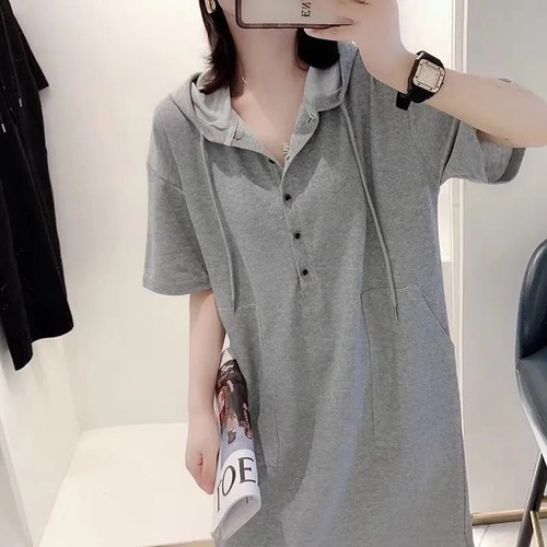 Summer New Solid Color A-line Hooded Casual Plus Size Dress European Style Short Sleeve T-shirt Dress Medium-long Length Skirt Trendy