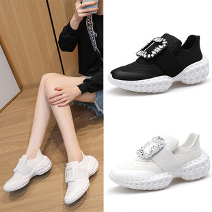 Genuine Leather Four Seasons Casual rv sneaker Women's 2024 New Breathable Inner Height Thick Bottom Rhinestone Square Buckle rv Torre Shoes