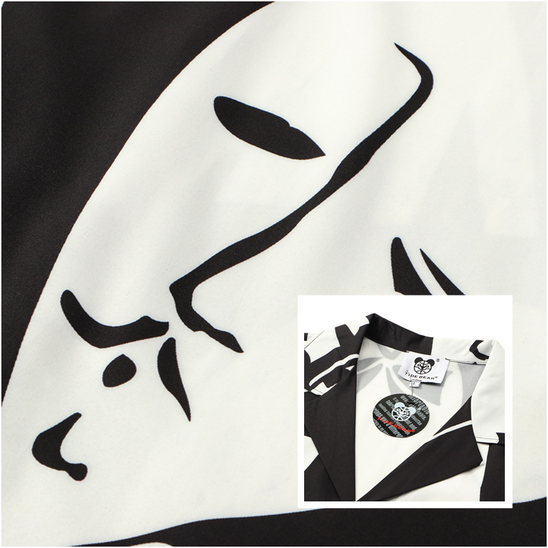 Daifa hombres europeos y americanos calle pareja juvenil marca de moda máscara Impresión digital solapa suelta camisa manga corta verano