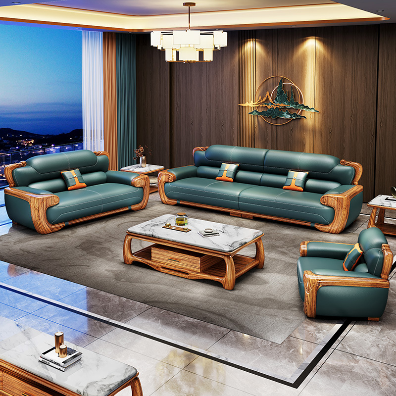 新中式别墅大斑马乌金木真皮沙发客厅实木家具头层特厚牛皮组合