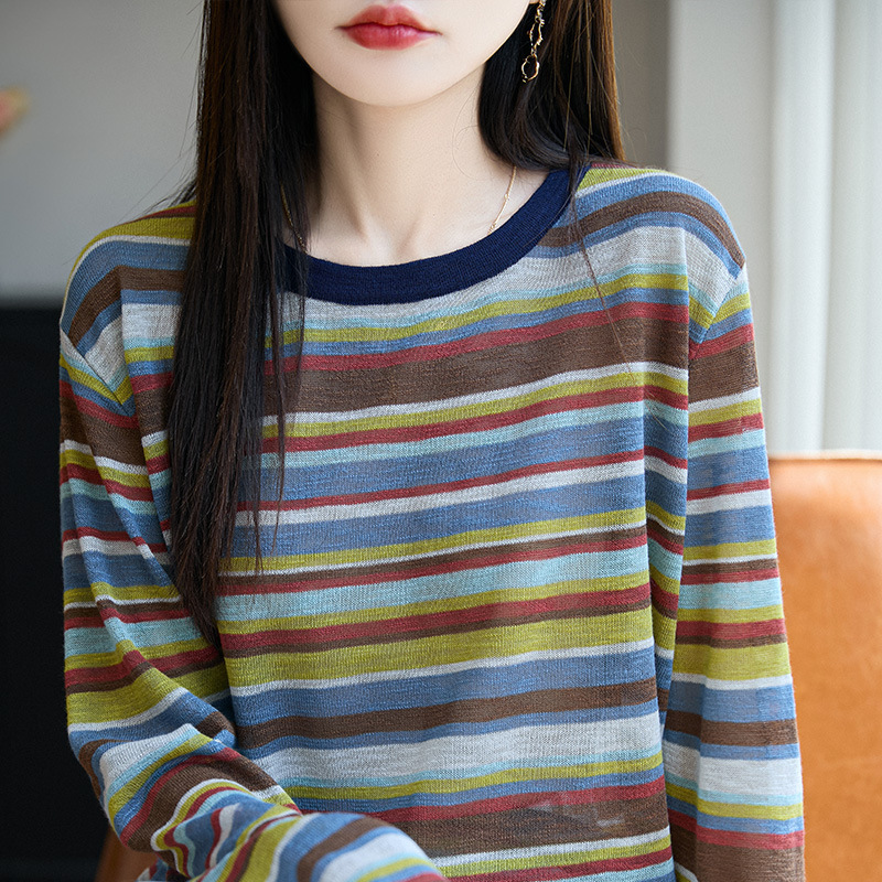 2025早春秋新款v领针织开衫女长袖条纹外搭宽松上衣外套薄款衣服|undefined