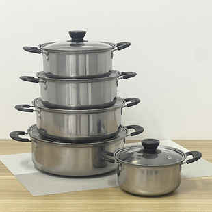 工厂 不锈钢汤锅套装16-24cm 10pcs Pot set玻璃盖带磁弧形锅套装
