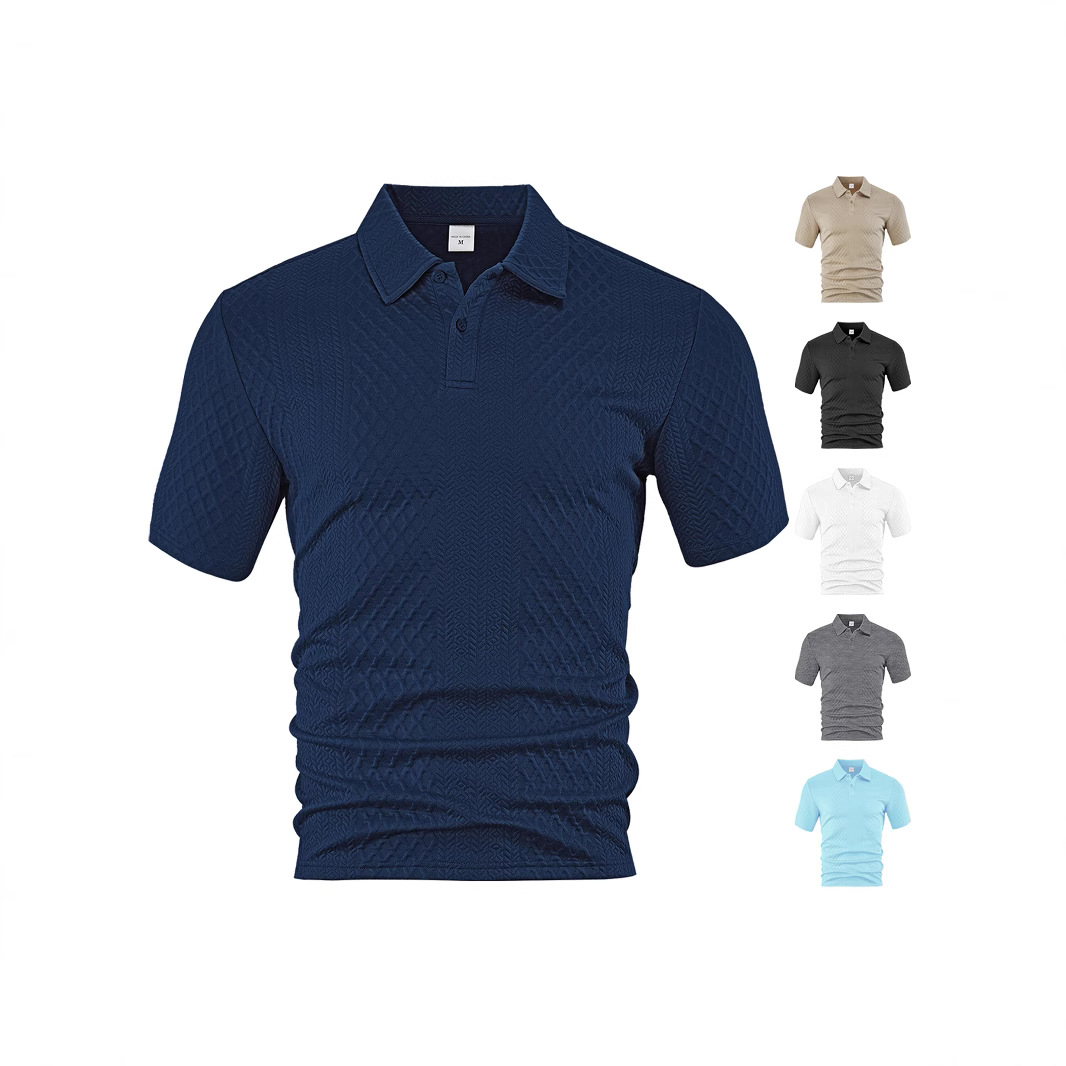 Ropa de hombre transfronteriza europea y americana estilo fino de verano suelto transpirable casual color sólido jacquard solapa camisa polo de hombre de manga corta