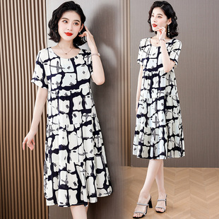 New Middle-Aged and Elderly Cotton Silk Dress Women's Summer Young Style Plus Size Middle-Aged Mother Floral Skirt Elegant Outer Wear