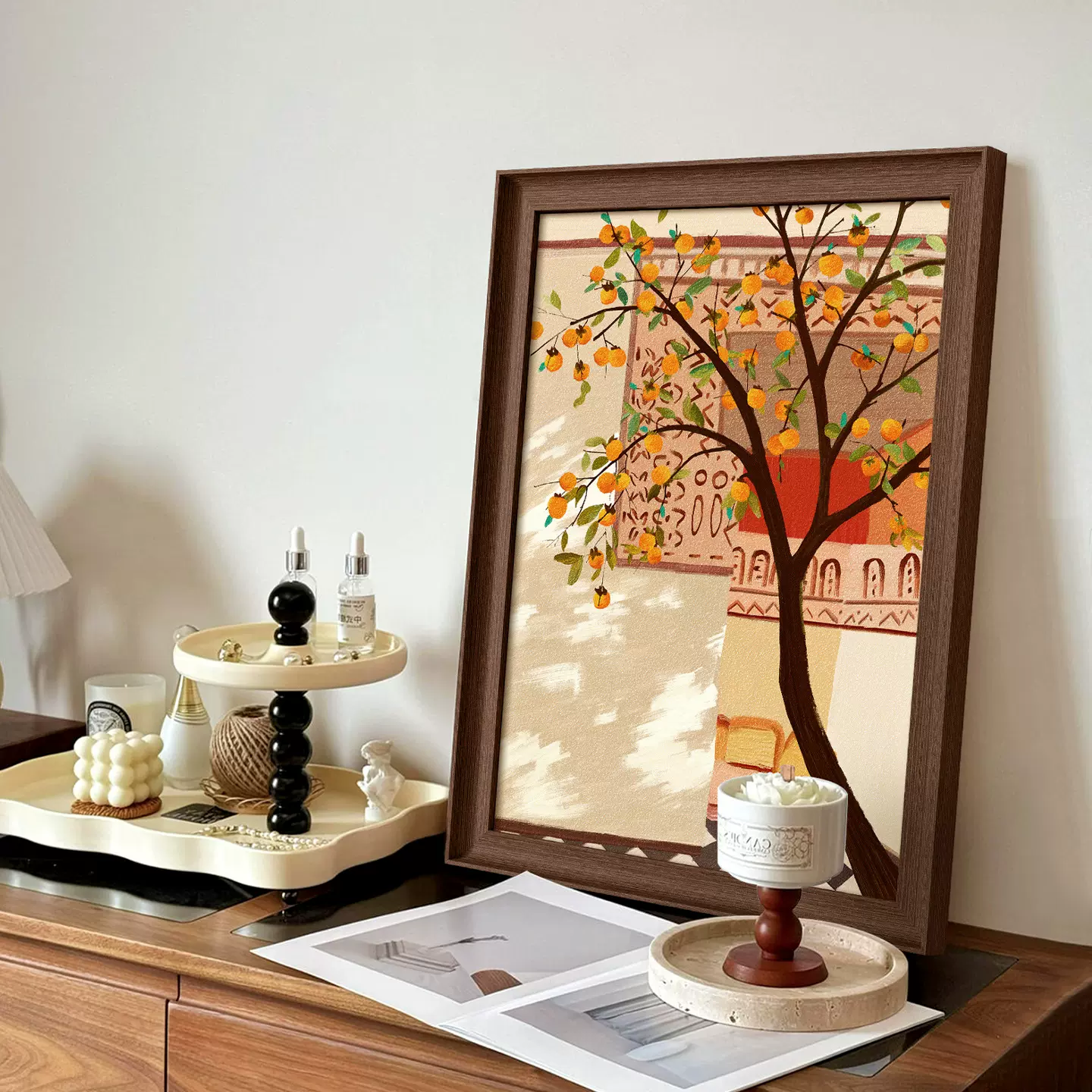 柿柿如意中古风高级感客厅装饰画餐厅卧室床头桌面摆画玄关挂画