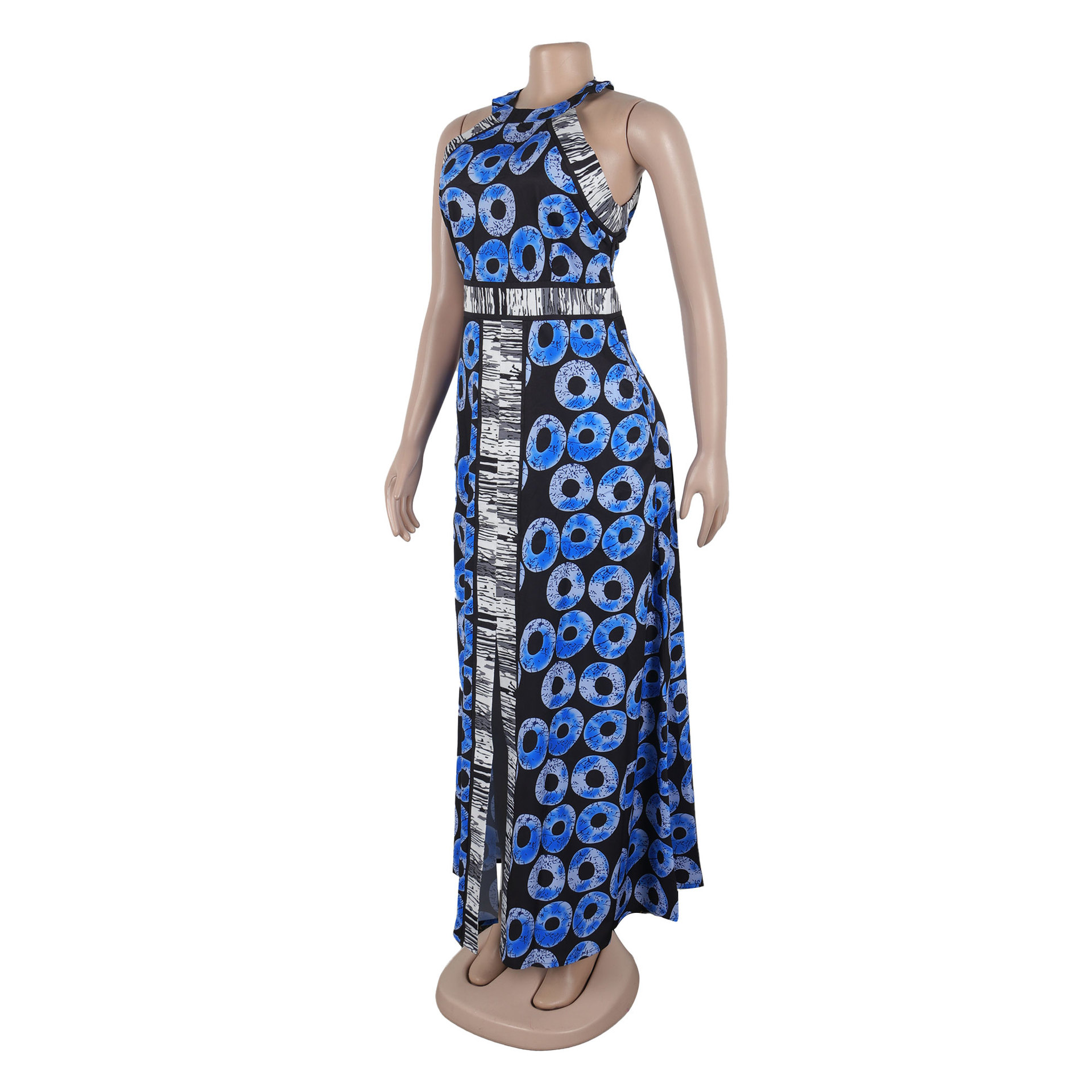 Women's Printed A-line Dress With Fitted Waist And Front Slit_voghion.com