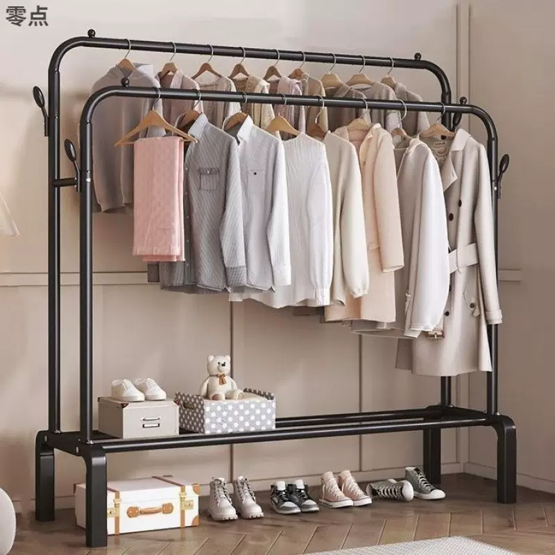 简易衣帽架双杆式晾衣架落地室内移动挂衣架子家用卧室衣服收纳架
