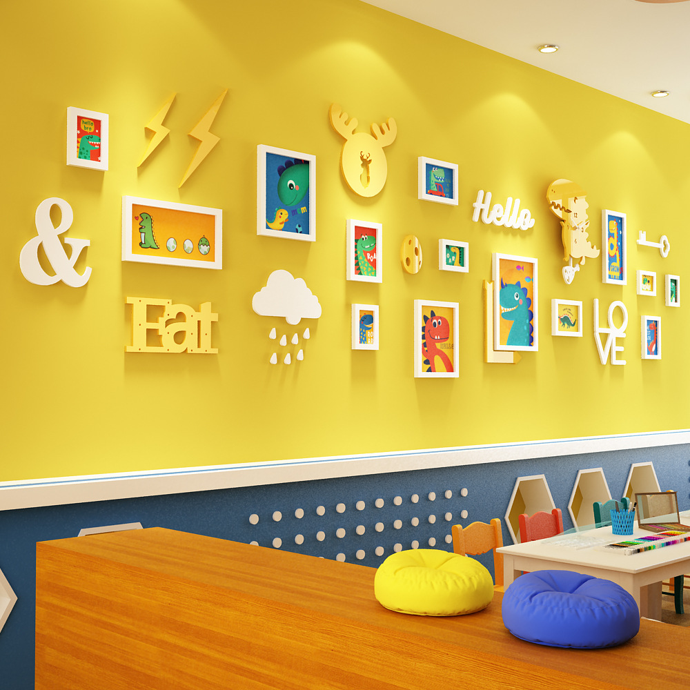 High Polymer A38 Large Kids Cartoon Dinosaur Combination Picture Frame Decorative Painting with Swing Clock Accessory Photo Wall