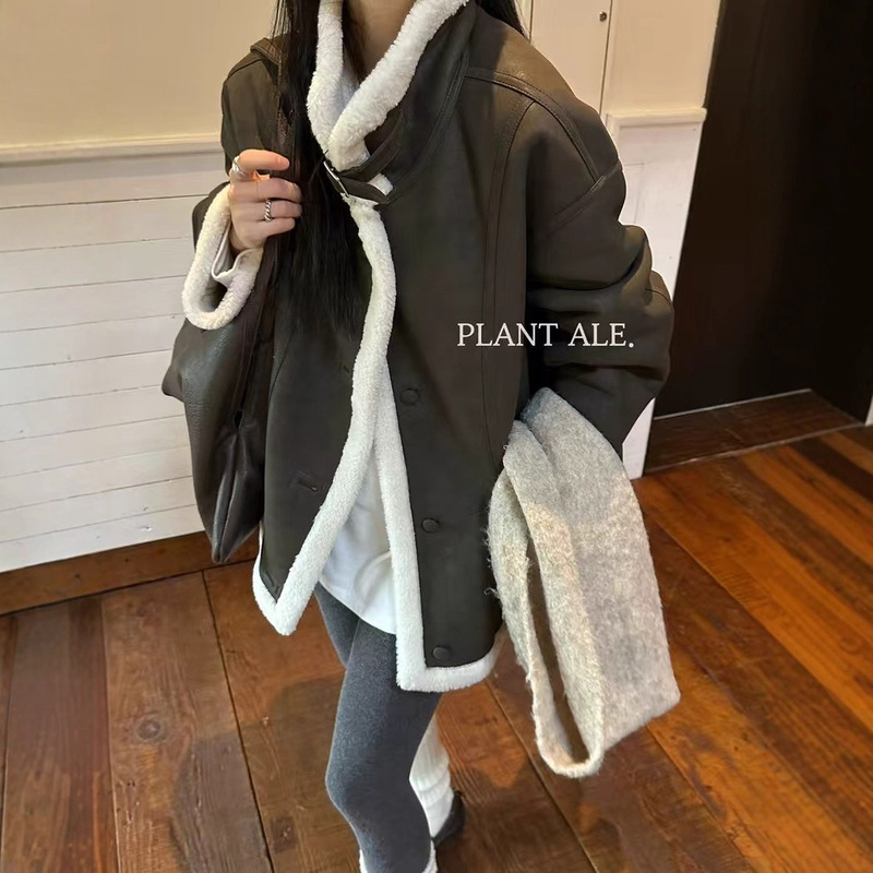 Soft Lamb Fur One-Piece Winter Coat New Stand Collar Composite Thickened Leather Jacket Coffee Color 8S229