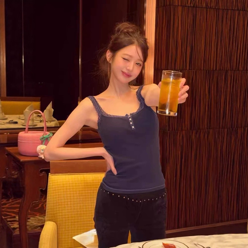 Bm Zhang Yuanying Style Lace-Trimmed Four-Button Camisole Women's Tank Top, Slim Fit, Versatile, Dark Blue Top Bm Zhang Yuanying Style Lace-Trimmed Four-Button Camisole Women's Tank Top, Slim Fit, Versatile, Dark Blue Top