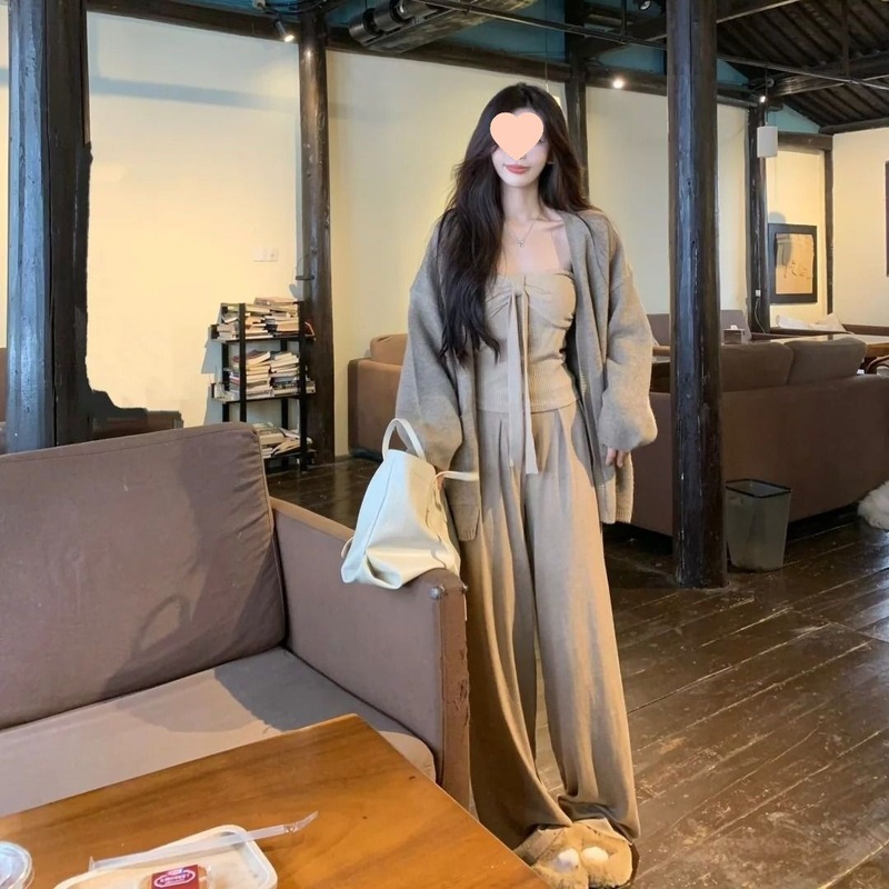 秋季新款高级感韩系慵懒风毛衣外套抹胸上衣垂感阔腿裤三件套装女|undefined