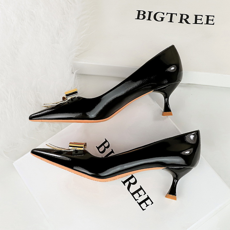 1961-K68 Fashion Pointed Toe Stiletto Heel Women's Metal Bow Patent Leather Shiny Single Shoes Shallow Comfortable Low_vogvips.com