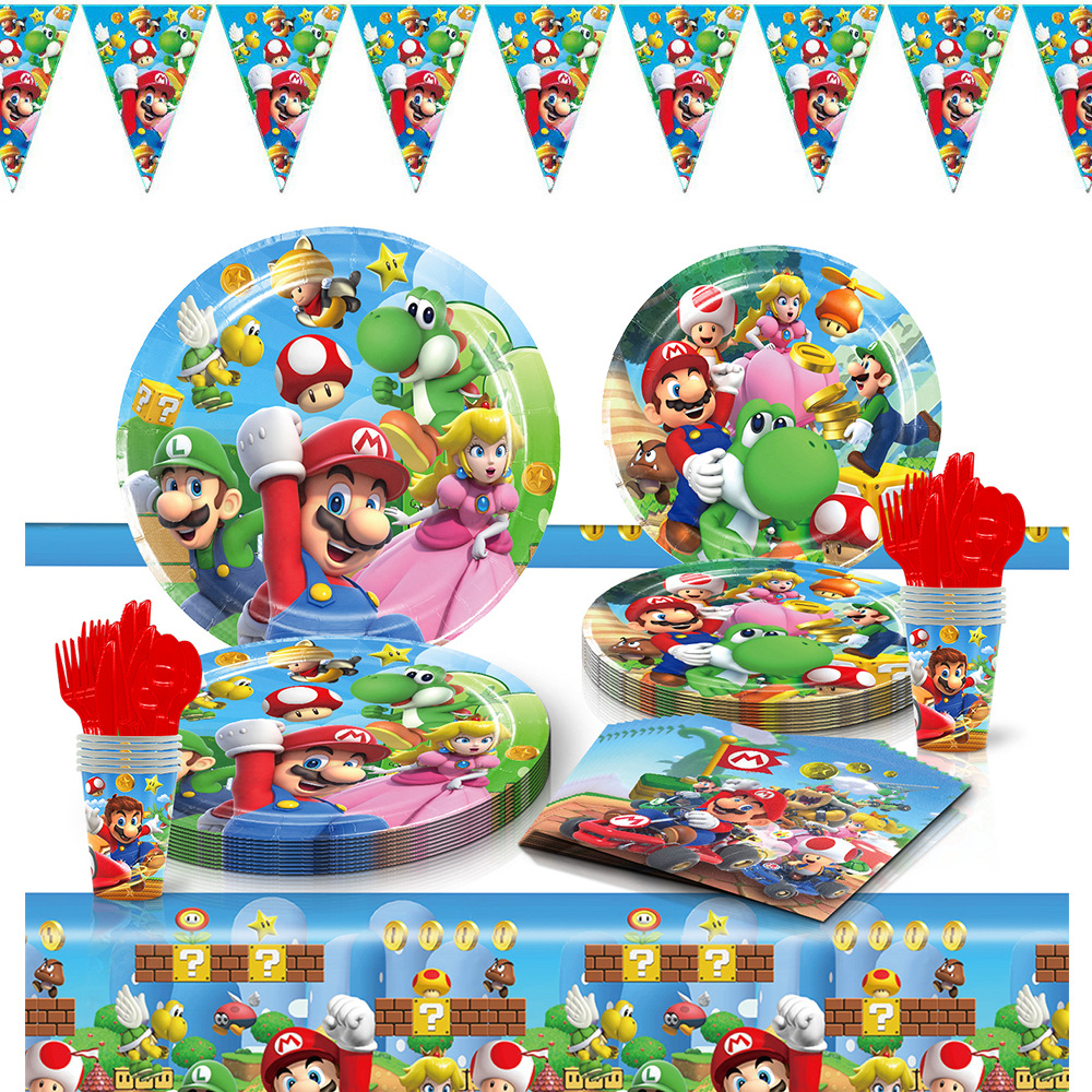 Clásico de dibujos animados Mario tema decoración del partido props placa papel desechable tejido mantel vajilla traje