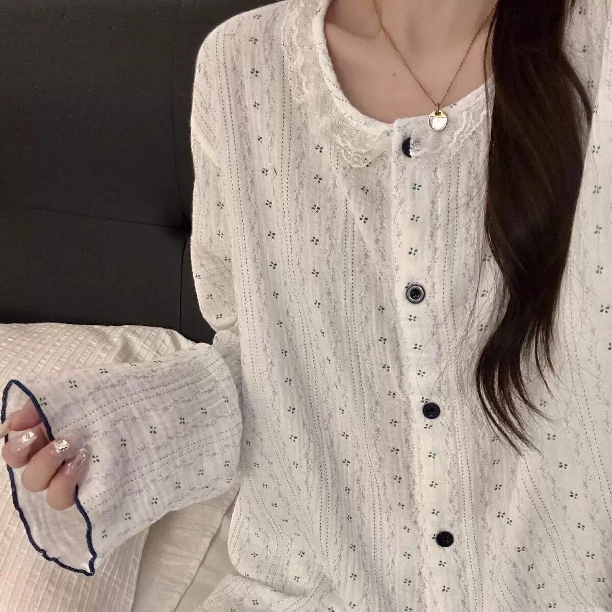 6606 세로 스트라이프 레이스 플로럴 - 클라우드 코튼 긴팔 긴바지