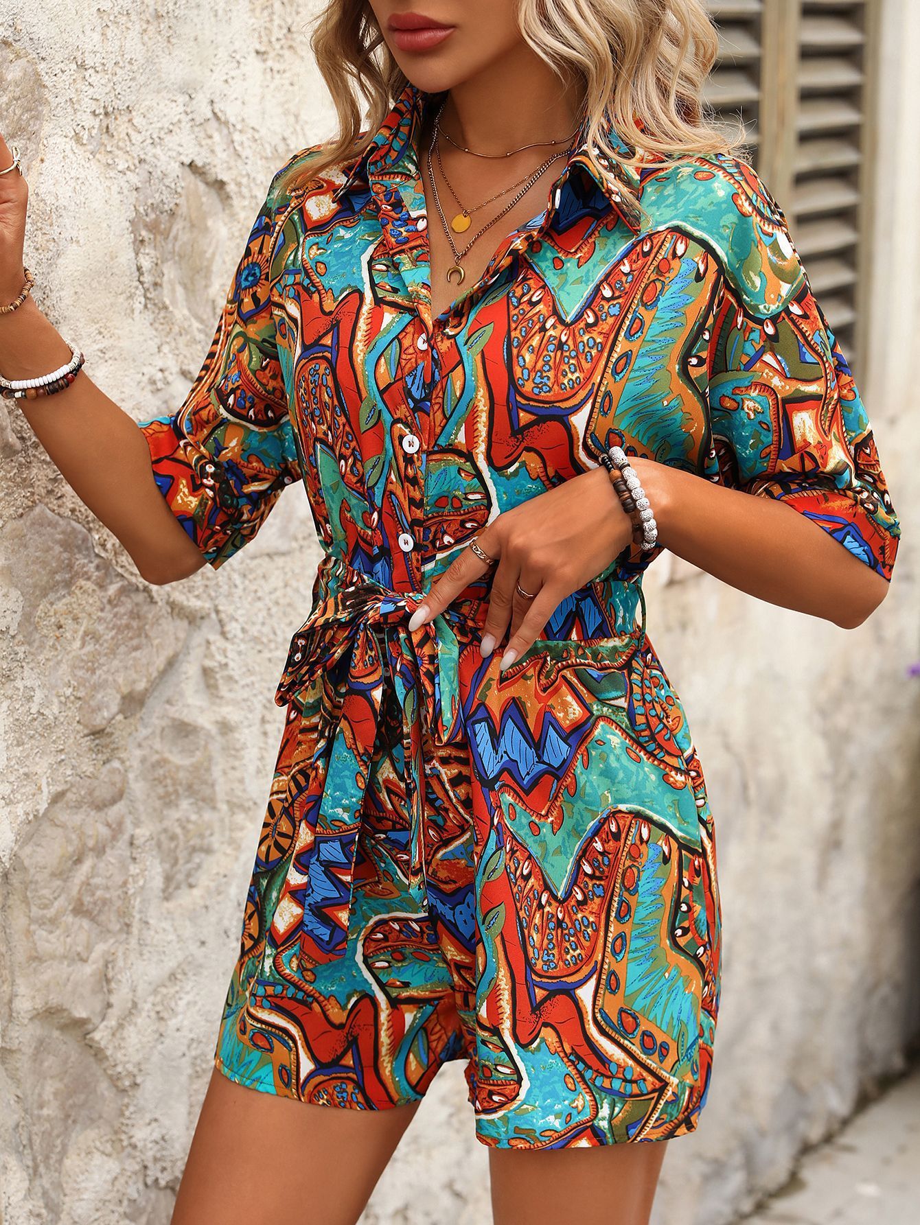 210g Weight Half Sleeve Sleeve Length Shorts Pants Length Polyester, Hemp Fabric Type Mid Waist Waist Line Rompers Pants Type Micro-Elastic Elasticity Bodysuits Tops Type Holiday, Daily Occasion Regular Fit Fit Type Printing Pattern Summer Season Women's Gender Vacation Style Women's Holiday Daily Bodysuits Vacation Printing Shorts Rompers 21
