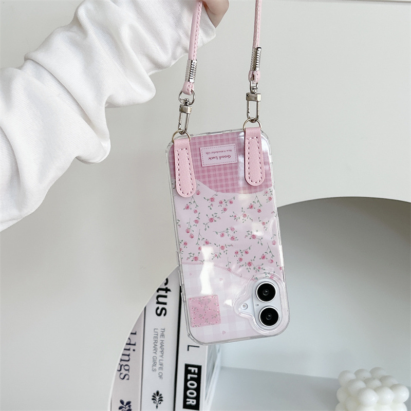 Pins wind girl rosado costura a cuadros para iPhone16 pequeño cordón floral de manzana 15ProMax 14/13