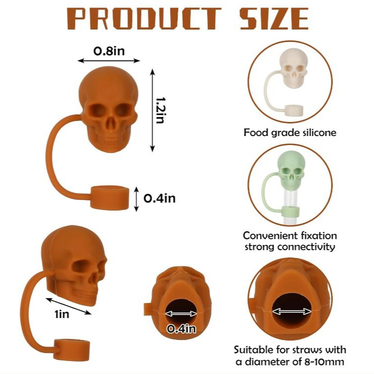 Silicone Reusable Halloween Straw Cap Fun Straw Cover Skull Head Straw Top Adapter for 10mm Straw