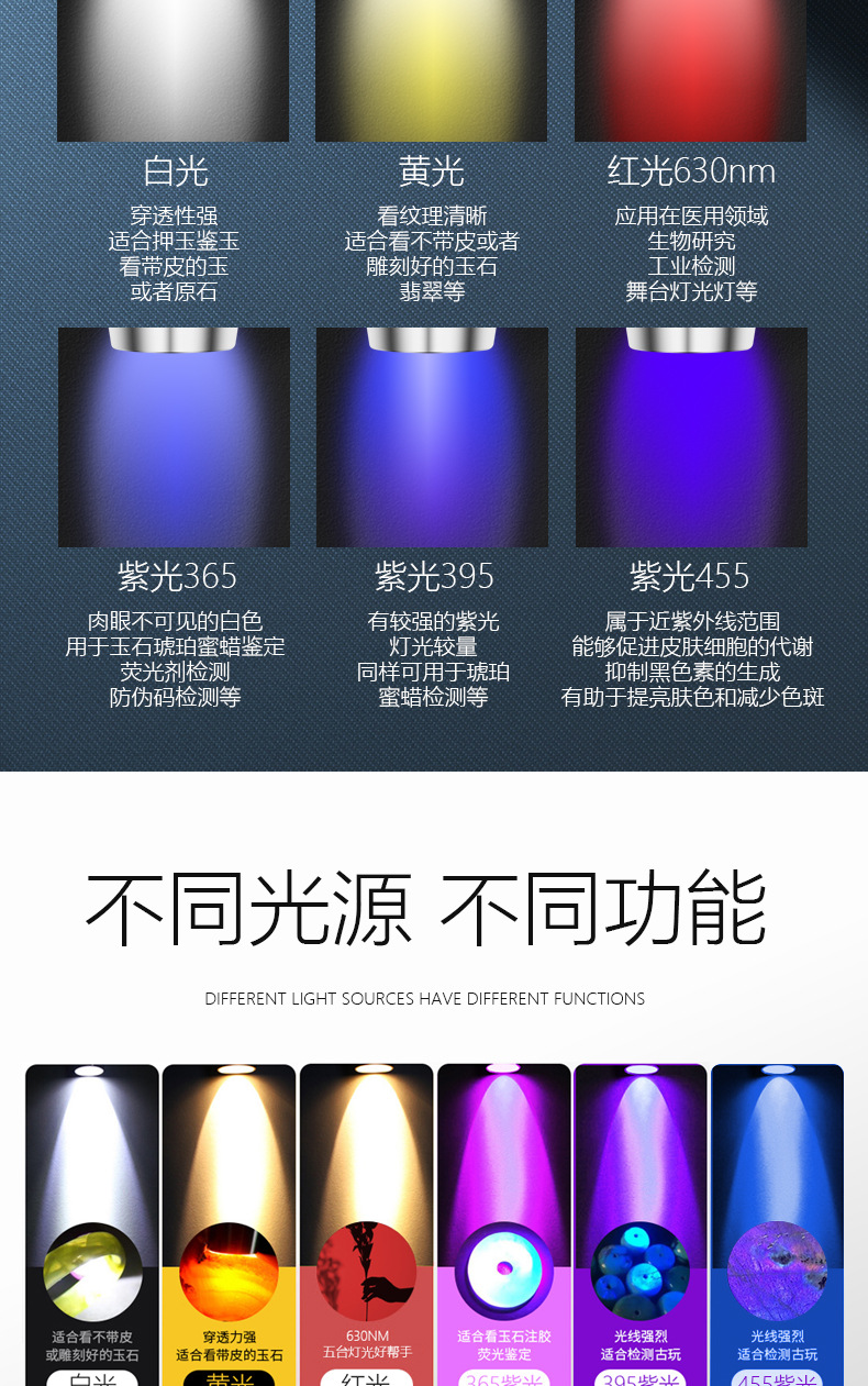 Six-Light Source Cross-Border Popular Flashlight for Jade Identification, Multifunctional Cultural and Entertainment Identification Led Purple Light Flashlight
