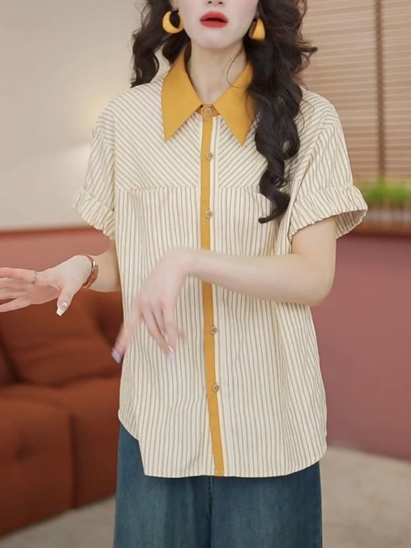 代年夏の新型香港風レトロな色合わせ半袖シャツの女性服はゆったりとしていて、デザイン感があります。|undefined