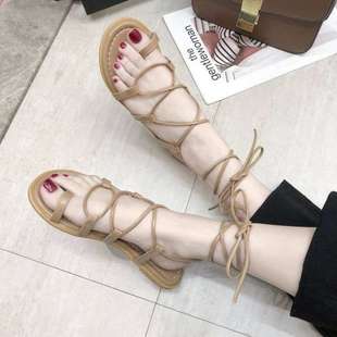 Summer New Korean Style Cross-Strap Sandals for Female Students Flat-Soled Versatile Lace-Up Roman Travel Vacation Beach Shoes
