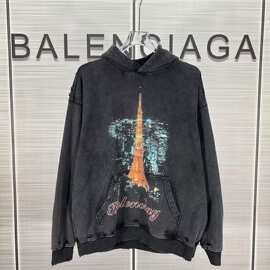 1.1正确版缪缪24秋冬BLCG巴黎铁塔限定印花做旧水洗连帽卫衣帽衫